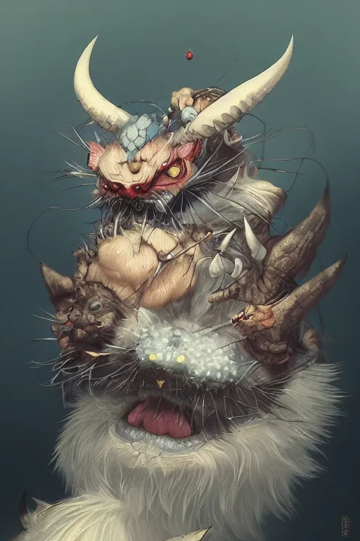 Image similar to a portrait of a cute japanese devil animal pet illustrated by miyazaki by karol bak, james jean, tom bagshaw, rococo, sharp focus, trending on artstation, cinematic lighting, hyper realism, octane render, 8 k, hyper detailed, vivid, ultra detailed, highly detailed