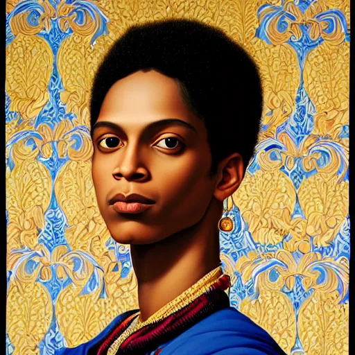 Image similar to A portrait of a skinny trendy and enchanting non-binary person, light skin tone, Indian, oil painting by Kehinde Wiley, majestic, detailed, high resolution