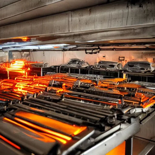 Image similar to rows of toaster oven mecha heads on conveyor belt, dark messy smoke - filled cluttered workshop, dark, dramatic lighting, orange tint, sparks, cinematic, highly detailed, sci - fi, futuristic, movie still