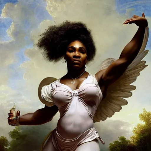 Image similar to Portrait of Serena Williams as Nike Goddess, large wings, luxuriant, dreamy, eternity, romantic, strong pose, highly detailed, in the style of Franz Xaver Winterhalter, highly detailed, in the style of Aetherpunk