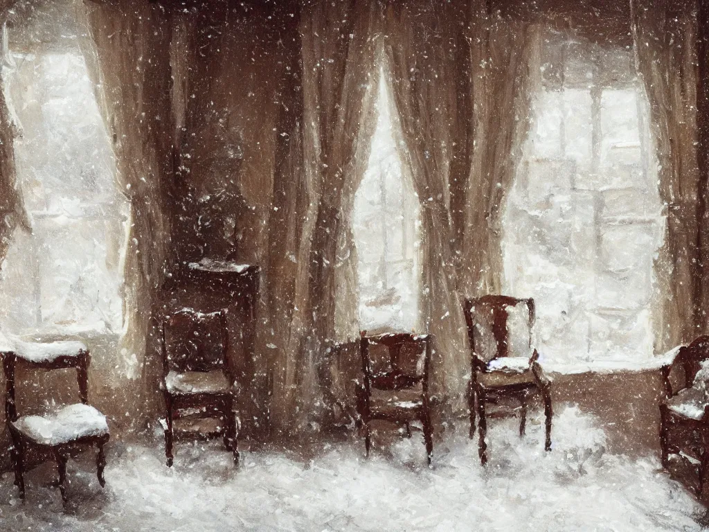 Image similar to It snows in the interior of a bourgeoise room, Still life with snow.