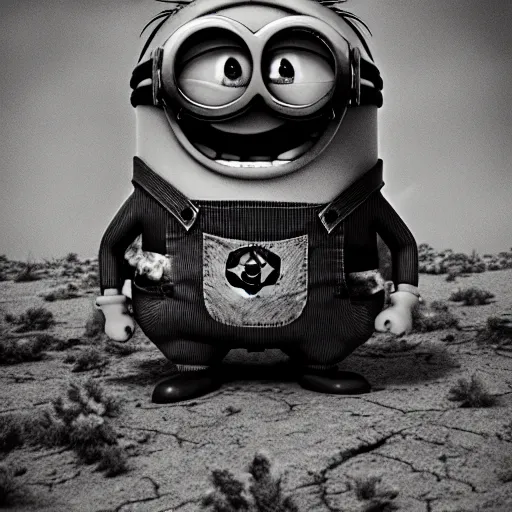 Prompt: Minion, George Miller, Photorealistic, Hyper detailed, desert, post apocalyptic, fire, dust, black and white