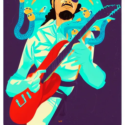 Prompt: portrait of Carlos Santana playing guitar with snakes evolving from his bofy by Sachin Teng and wlop