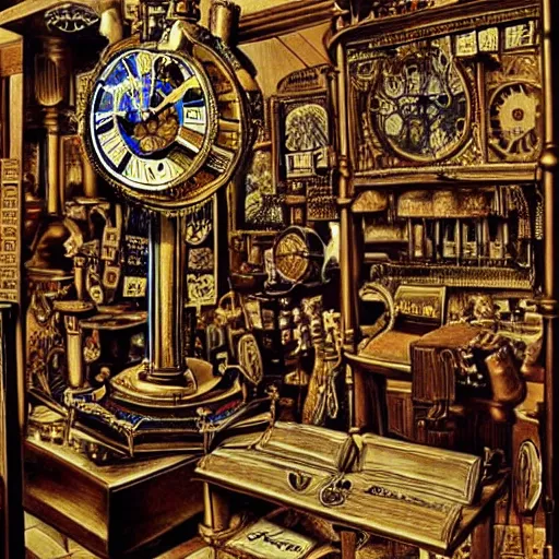 Image similar to interior of a steampunk clock shop, father time, wooden grandfather clocks everywhere, realistic, very intricate hyper detailed masterpiece by max ernst