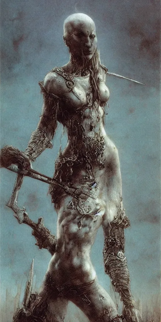 Prompt: bald barbarian girl by Beksinski and Luis Royo