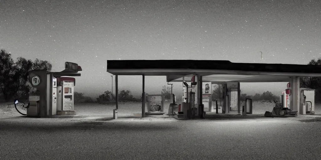 Prompt: An abandoned gas station in the desert at night, creepy and dramatic atmosphere, digital art by Studio Ghibli and Edward Hopper