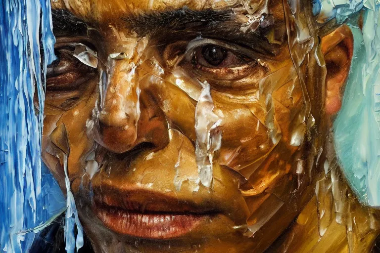 Image similar to palette knife oil painting of a patient at a mental asylum who is frozen with ice, extreme detail, artstation trending, artgerm, any racial background, deviant art, octane, substance, art history 8 k