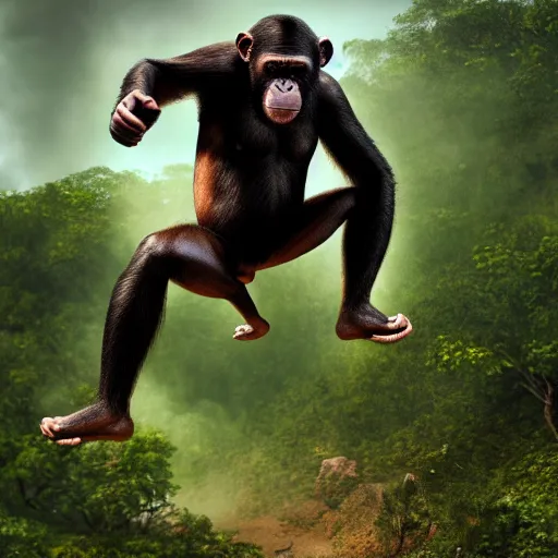 Image similar to Angry Chimpanzee Jumping, Epic Jump, Cinematic Photo, Cinematic Shot, Jungle, Foliage Boris Vallejo, Epic, 8k resolution, ArtStation, Hyperrealistic