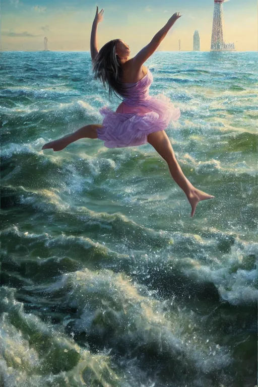 Prompt: a beautiful matte painting of acrylic nails jumping into the galveston bay, oil on canvas, intricate, portrait, 8k highly professionally detailed, HDR, CGsociety