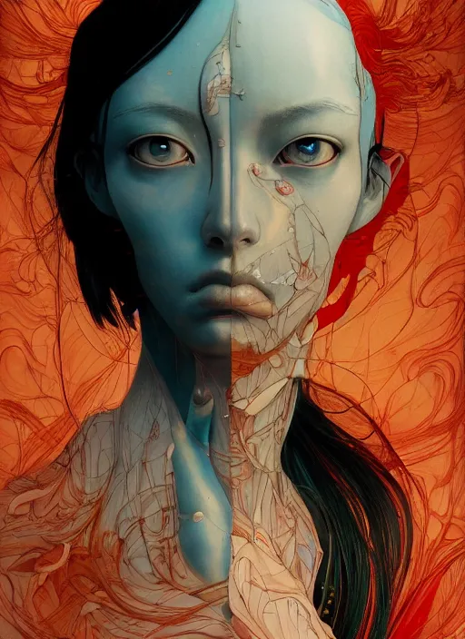 Image similar to prompt : figurative unique features beautiful subconscious, symmetrical face, portrait soft light painted by james jean and katsuhiro otomo and erik jones, inspired by akira anime, smooth face feature, intricate oil painting, high detail illustration, sharp high detail, manga and anime 1 9 9 9