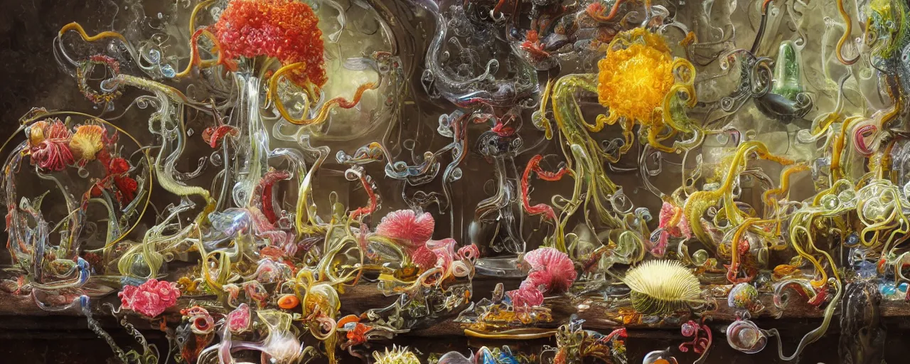 Image similar to ultradetailed photorealistic still life with jelly flowers by ernst haeckel, jan brueghel, james jean and salvador dalí, slime and tentacles, wide angle, minimalistic cinematic composition, octane render, bokeh, unreal engine, 4k, 3d render