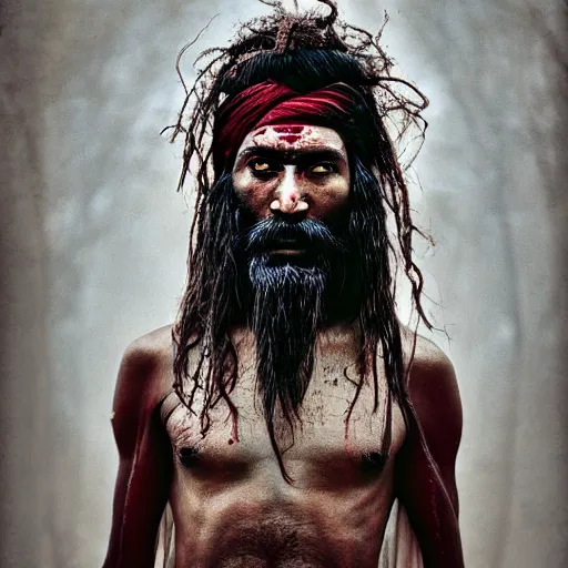 Image similar to realistic exposed expired fuji film portrait of aghori sadhu, hyperrealism, hypermaxiymalism, photorealistic, detailed, atmospheric, 8 k, award winning photography, cinematic