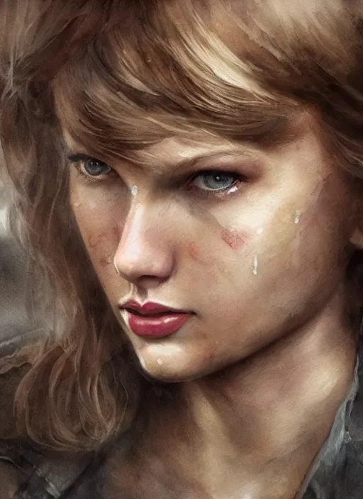 Image similar to portrait, Taylor Swift in the Last of Us universe, watercolor, dramatic lighting, cinematic, establishing shot, extremely high detail, foto realistic, cinematic lighting, pen and ink, intricate line drawings, by Yoshitaka Amano, Ruan Jia, Kentaro Miura, Artgerm, post processed, concept art, artstation, matte painting, style by eddie mendoza, raphael lacoste, alex ross