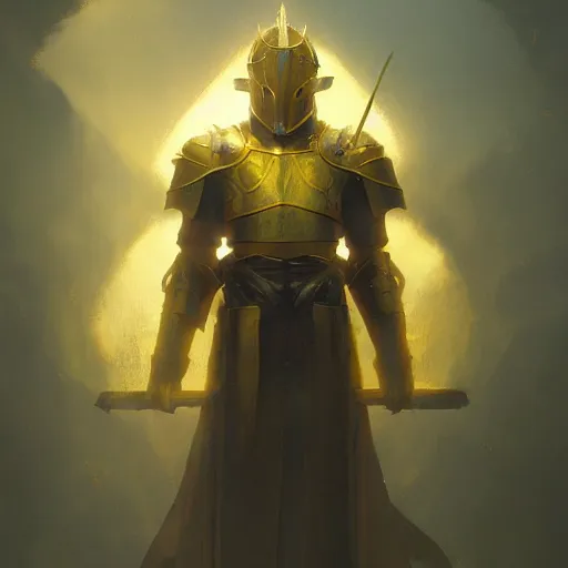 Image similar to A holy yellow knight by Greg Rutkowski, photorealistic, volumetric lighting, HD, subtle details, dramatic