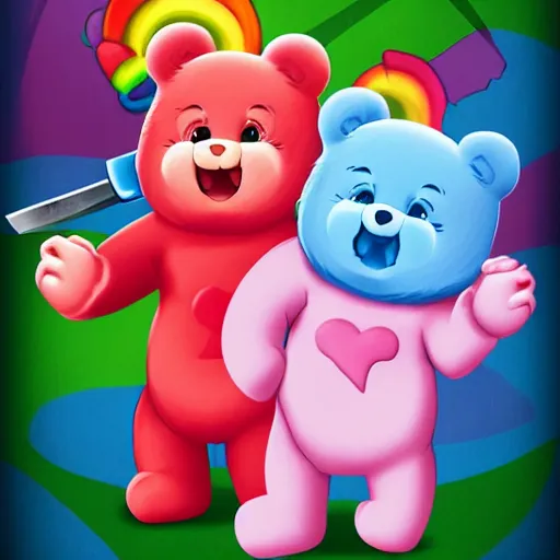 Image similar to care bears with bloody knife, digital art, rich deep colors, smooth shadows, high resolution, cinematic