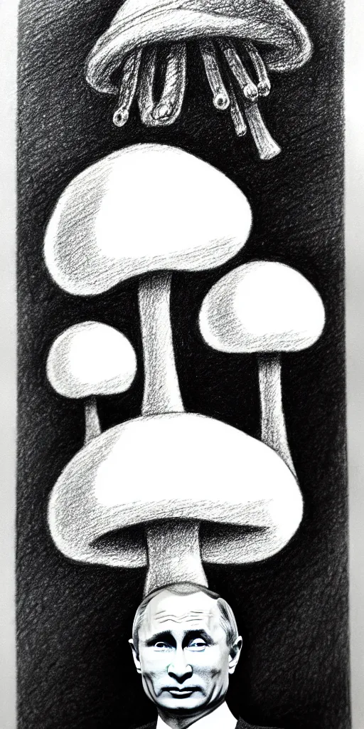 Image similar to vladimir putin with a mushroom cloud hat, cartoonish, ultra detailed pencil drawing