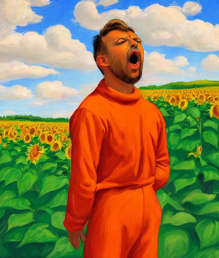 Prompt: a closeup portrait of a man in an orange prisoner overall, standing in beautiful sunflower field, screaming and sad, highly detailed, aesthetic clouds in the sky, in the style of edward hopper, very fine brush strokes, 4 k,