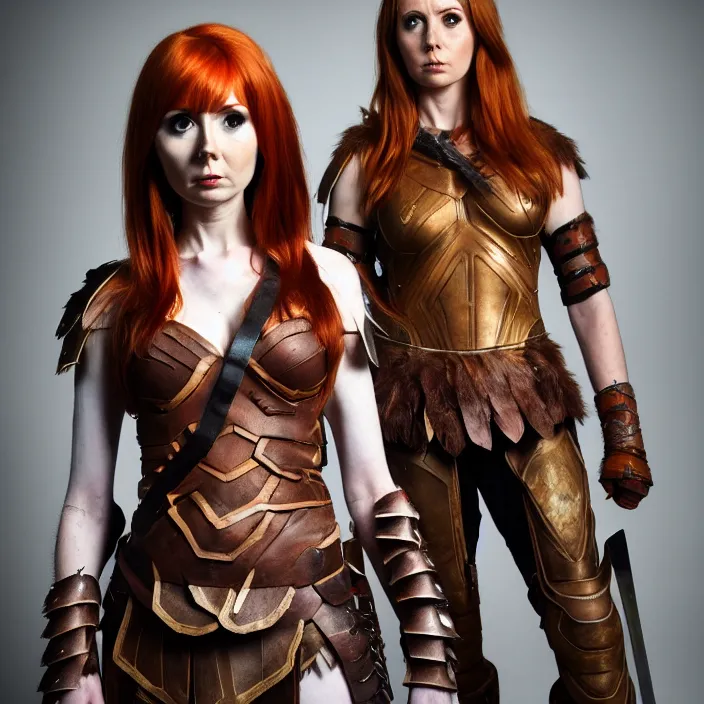 Prompt: full length photograph of a real-life karen gillan as a amazon warrior, Extremely detailed. 8k