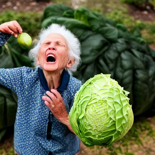 Image similar to elderly woman screaming at a cabbage, canon eos r 3, f / 1. 4, iso 2 0 0, 1 / 1 6 0 s, 8 k, raw, unedited, symmetrical balance, wide angle