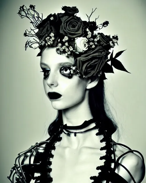 Prompt: dreamy surreal poetic black and white photo of a beautiful young silver bio-mechanical-female-vegetal-cyborg with a very long neck and a super big gothic lace collar and a very high big floral crown with many black dry roses by Vivienne Westwood:: smoke, high fashion, haute couture, rococo, avant-garde, silver filigree details, anatomical, facial muscles, cable wires, microchip, elegant, dreamy, hyper realistic, 150 mm lens, soft rim light, octane render, unreal engine, picture was taken in 1910 by Man Ray, volumetric lighting, dramatic light,8k,