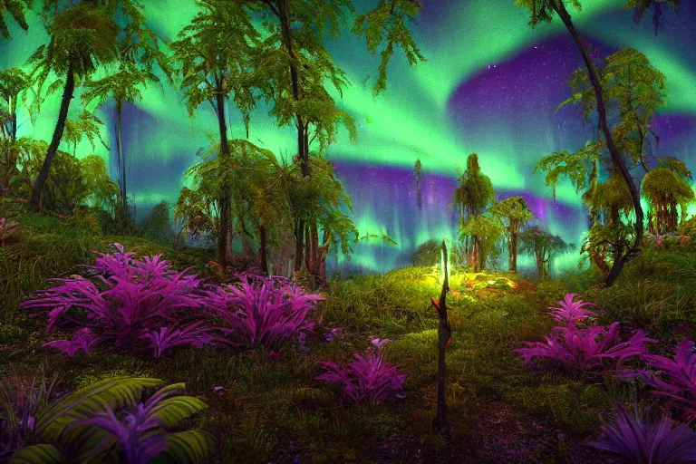 Image similar to beautifully detailed painting of a dreamy psychedelic rainforest with fireflies and fairies and an aurora borealis, and moss rendered in unreal engine 5