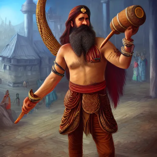 Image similar to Male Naga-Hashka (from D&D) bearded bard holding a drum, ornately dressed, standing in populated Baldur\'s Gate city square, hyperdetailed, artstation, cgsociety, 8k