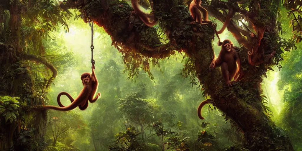 Prompt: monkey swinging from a tree in the forest, magical energies emanating from it, wide angle, fantasy art, matte painting, sharp focus, vibrant colors, high contrast, illustration, art by justin gerard