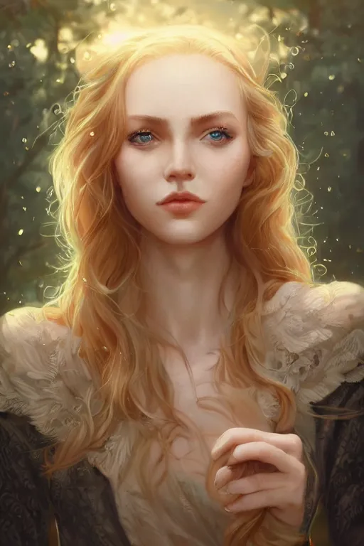 Image similar to an insanely detailed portrait of a beautiful woman facing you in the park, highly detailed features, sparkling blue eyes, long eyelashes, long golden blonde hair, beautiful smile, in the style of peter mohrbacher, artgerm, dramatic lighting and composition, octane render, trending on artstation, concept art 8 k