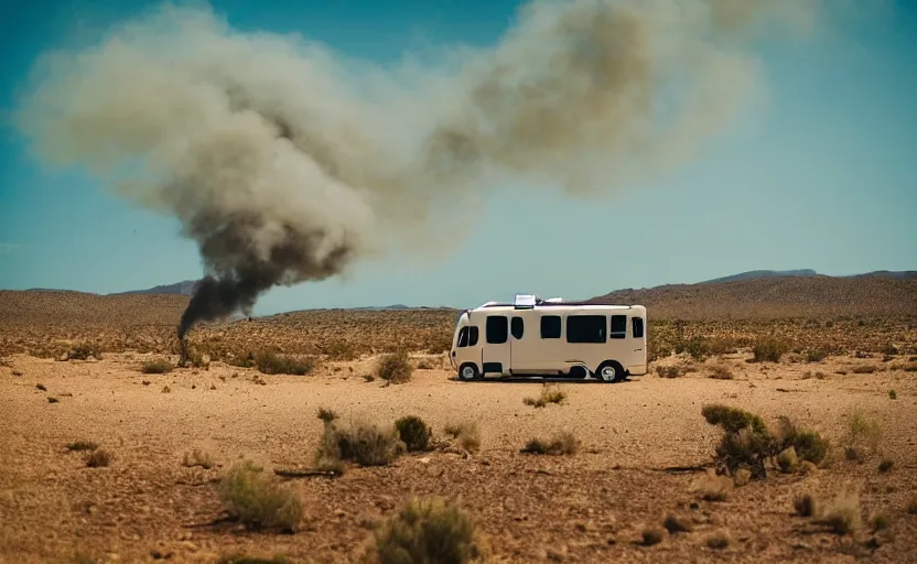 Image similar to a motorhome in the desert, green smoke coming from the top, wide angle shot