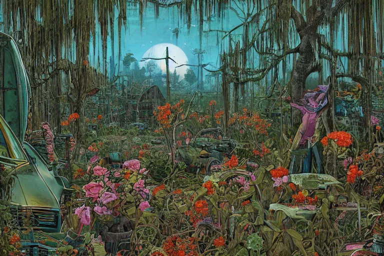 Prompt: super - detailed scene twilight junkyard, louisiana swamps, orange blooming flowers garden, 8 k, 8 0 s japanese sci - fi books art, artwork by jean giraud