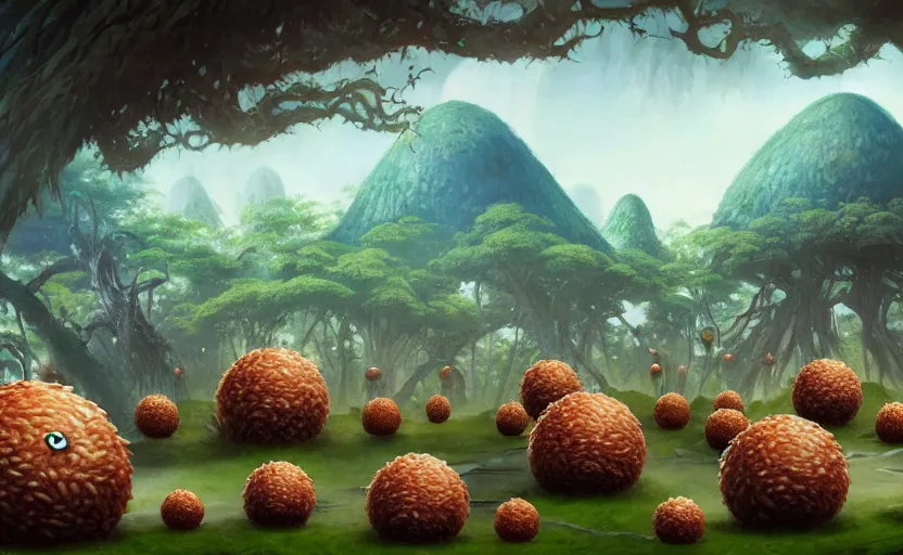 Image similar to a group of rice ball creatures with unthreatening facial expressions ; magic : the gathering fantasy concept art of balls of rice with blank facial expressions, by frank frazetta and marco bucci, high resolution. magical fantasy forest in the background, fantasy coloring, intricate, digital painting, artstation, smooth, sharp focus