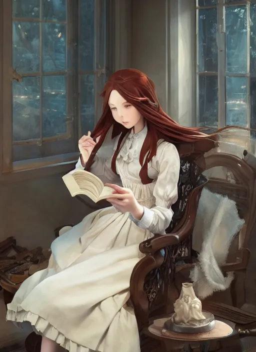 Image similar to a victorian maid with long flowing auburn hair in a reading room. By Makoto Shinkai, Stanley Artgerm Lau, WLOP, Rossdraws, James Jean, Andrei Riabovitchev, Marc Simonetti, krenz cushart, Sakimichan, trending on ArtStation, digital art.