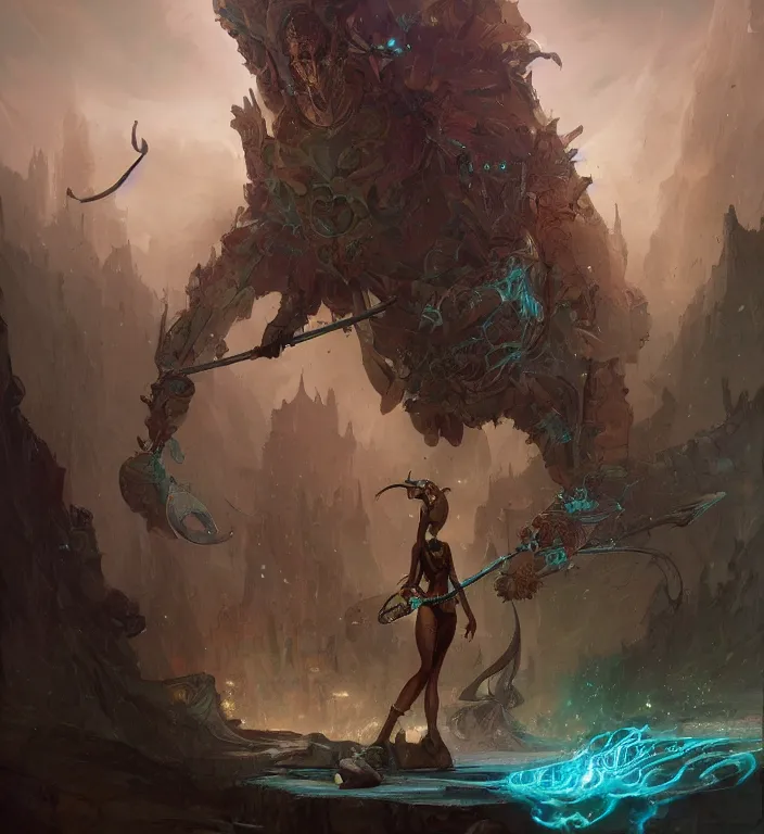 Image similar to full body illustration of a goddess, tarot card, dark souls colour scheme, establishing shot, coherent, high detailed, peter mohrbacher, kerem beyit, Karol Bak, Chris Cold, james gurney, dan mumford, featured on artstation