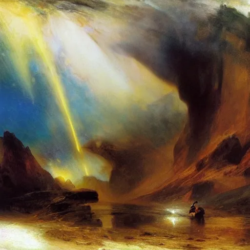 Prompt: political cartoon robust, atmospheric by thomas moran. conceptual art. paralyzed by the indescribable beauty of the cosmos.