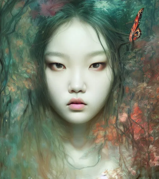 Prompt: a beautiful terrifying ghost portrait jennie blackpink black eyes twisted trees, floating cloth whirlpool, butterfly hard lighting ethereal horror fantasy art by and hajime sorayama raymond swanland and monet, ruan jia, by wlop, 4 k hd
