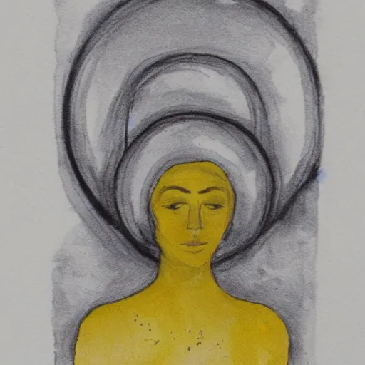 Image similar to monochrome yellow astrological portrait of a melancholic lady 3 6 years old, with name