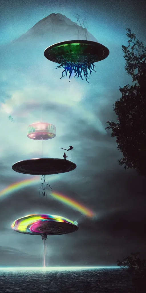 Image similar to impossibly beautiful ufo abducting the loch ness monster, bad trip, intricate complexity, surreal horror, inverted neon rainbow drip paint, trending on art station, photoreal, 8 k, octane render by greg rutkowski, rafał olbinsk and salvador dali