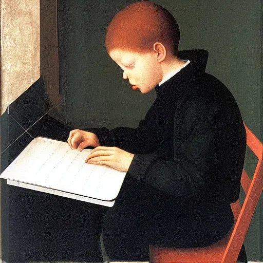 Prompt: a boy desperately typing on a laptop keyboard, frustrated, visibly angry, in the style of Van Eyck