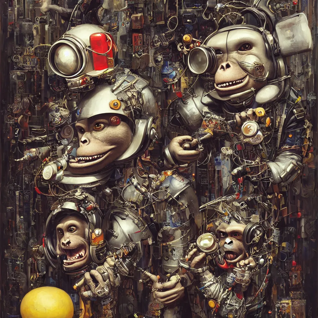 Prompt: a portrait of four anthropomorphic cyberpunk monkey wearing a crash helmet, beating the bongos by sandra chevrier, by jon foster, detailed render, cymbals, epic composition, cybernetics, 4 k realistic, bongos, cryengine, realistic shaded lighting, sharp focus, masterpiece, by enki bilal