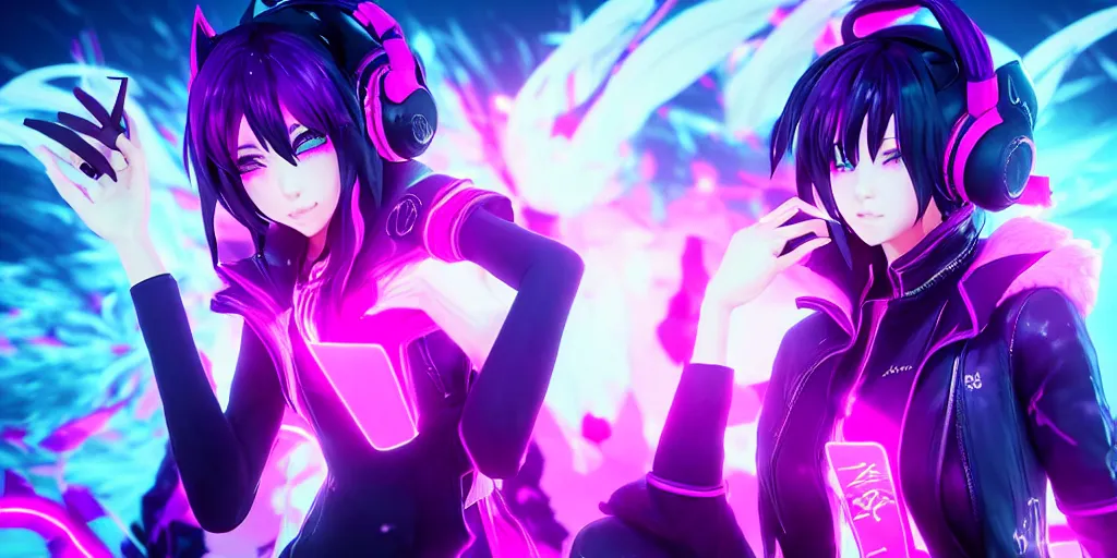 Image similar to KDA Ahri with her eyes closed singing facing the camera centered with headphones on in the style of a code vein character, momo from twice in code vein in the style of WLOP, artgerm, yasutomo oka, rendered in unreal engine and redshift octane , background is surrounded by epic neon glitch effect digital art dynamic dramatic lighting, soft lighting, imagine fx, artstation, cgsociety, by Bandai Namco artist,