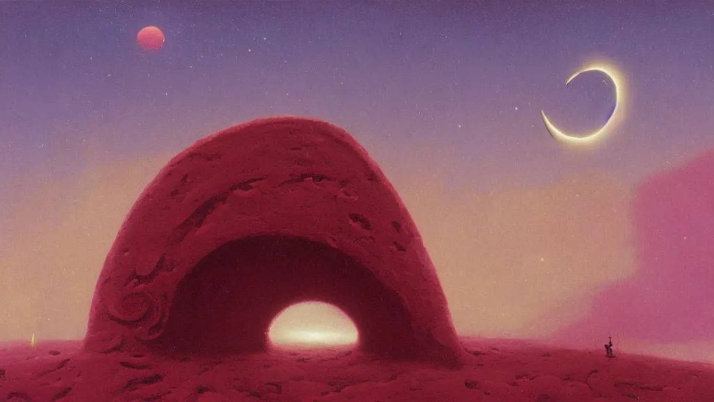 Image similar to mysterious whimsical sculpture of an alien crescent moon by paul lehr and john schoenherr, cinematic matte painting