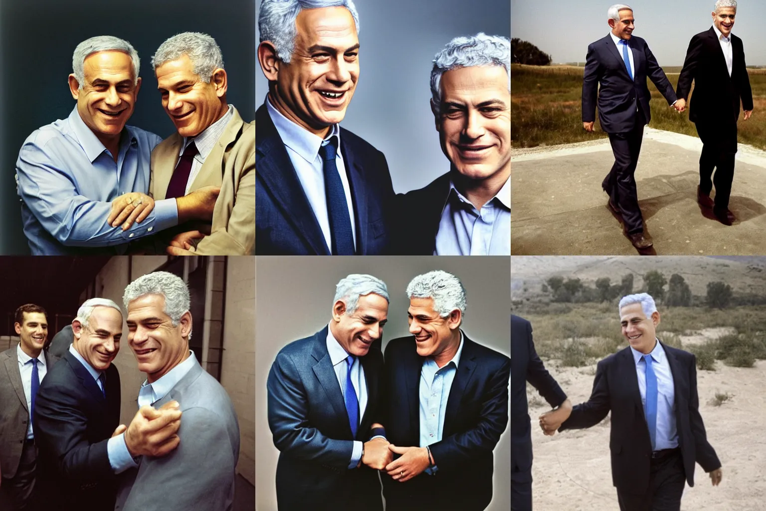 Prompt: candid portrait of benjamin netanyahu and yair lapid holding hands friendly smiling looking at the camera by annie leibovitz