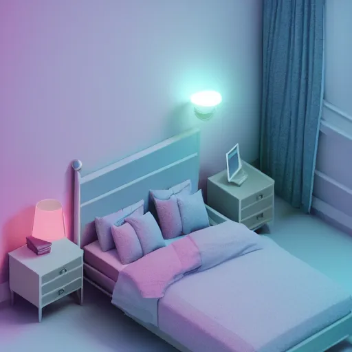 Prompt: a detailed 3 d isometric octane render of a 3 d bedroom, volumetric lighting, ray tracing, unreal engine 5. balanced and aesthetically pleasing pastel colors.