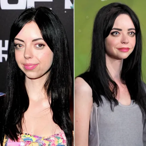 Prompt: a girl with long black hair and a side part, her face is a mix between aubrey plaza, krysten ritter, lucy hale, christina ricci and sarah hyland