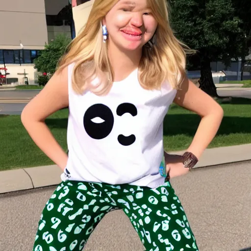 Prompt: a preppy roblox avatar wearing a smiley face t shirt and cow print pants