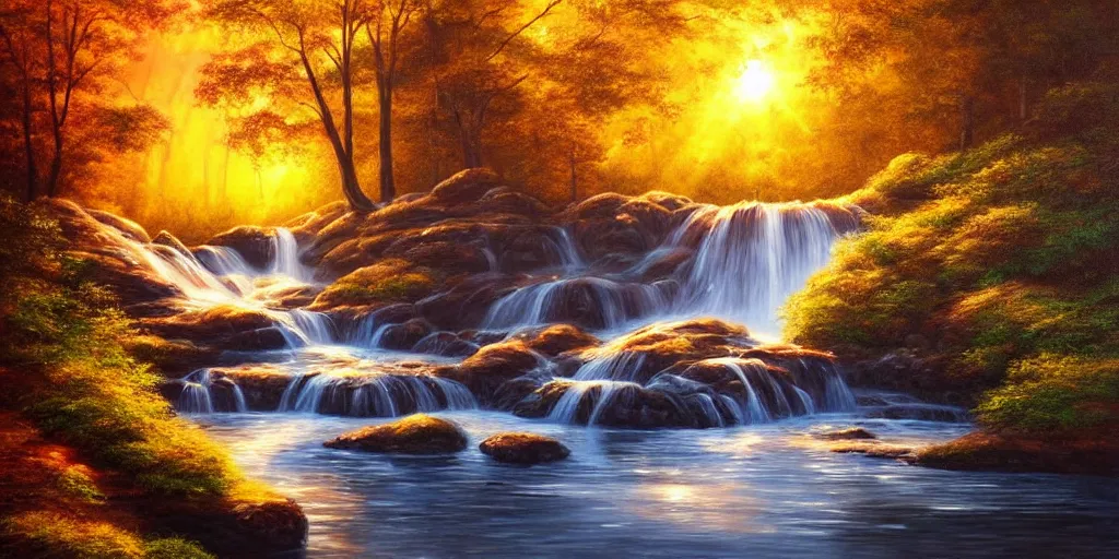 Image similar to golden hour waterfall nature landscape, matt painting, oil painting, ultra realistic, highly detailed, hd, sharp focus, cinematic lighting, warm colors, realistic, photorealistic, vivid colors, painting, non blurry, sharp, smooth, illustration