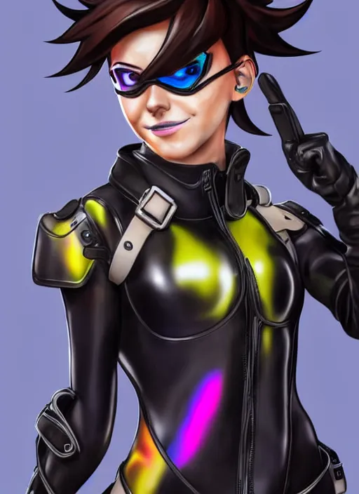 Image similar to full body digital artwork of tracer overwatch, wearing black iridescent rainbow latex, 4 k, expressive happy smug expression, makeup, in style of mark arian, wearing detailed black leather collar, wearing sleek armor, black leather harness, detailed face and eyes,