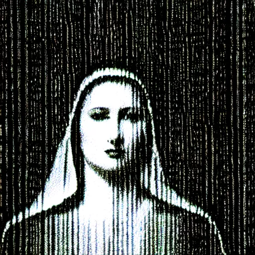 Image similar to marian apparition in forest, high contrast, found footage, vhs, 1 9 9 0, beautiful, highly realistic, highly detailed, vhs noise static, black and white, vhs glitch