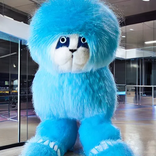 Image similar to nike fluffy monster made of very fluffy blue faux fur placed on reflective surface, professional advertising, overhead lighting, heavy detail, realistic by nate vanhook, mark miner