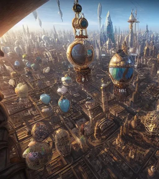 Image similar to enormous flying city in a faberge egg, sky, steampunk, fantasy art, masterpiece, unreal engine